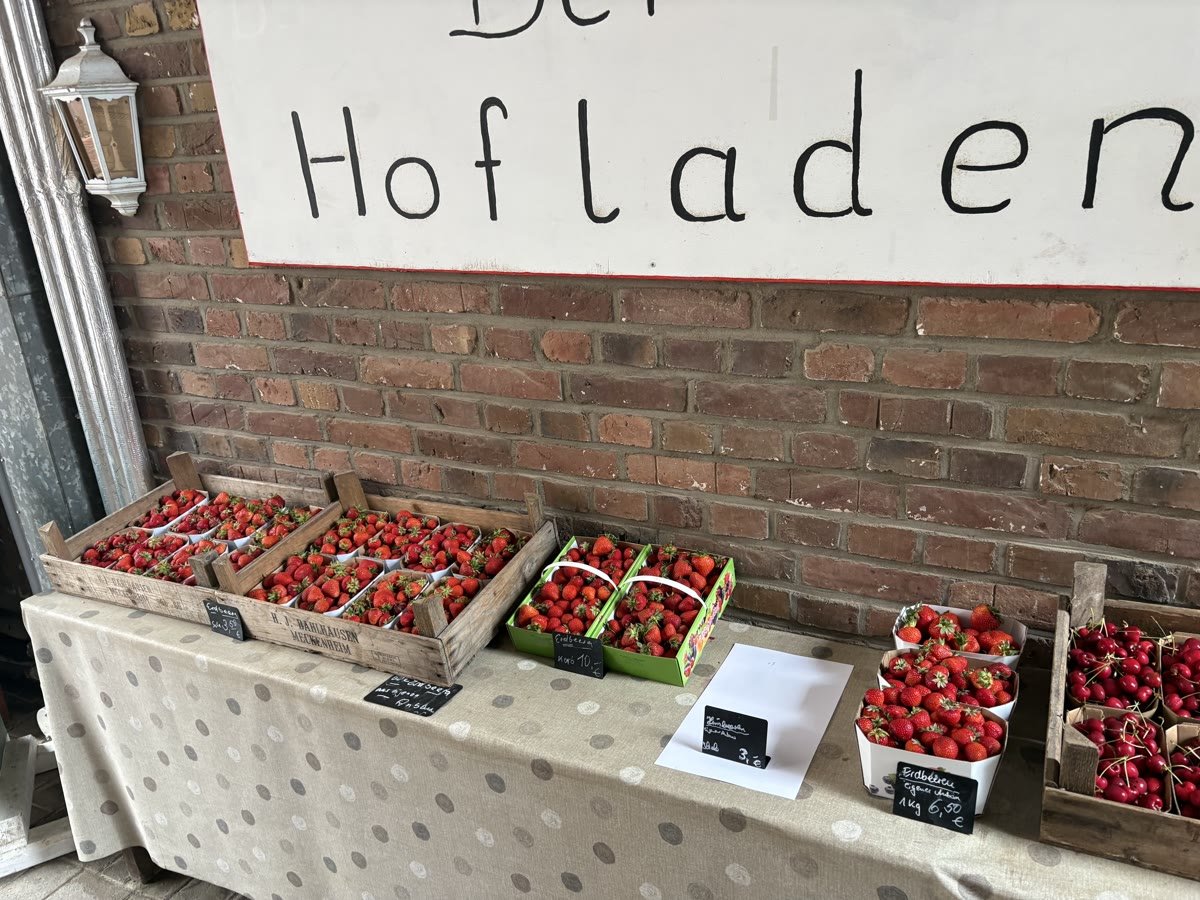 Holzkisten voller Erdbeeren auf der Theke unter dem Schild „Der Hofladen“